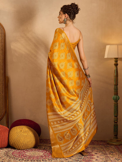 Women's Silk Blend Yellow Printed Designer Saree With Blouse Piece