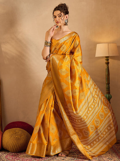 Women's Silk Blend Yellow Printed Designer Saree With Blouse Piece