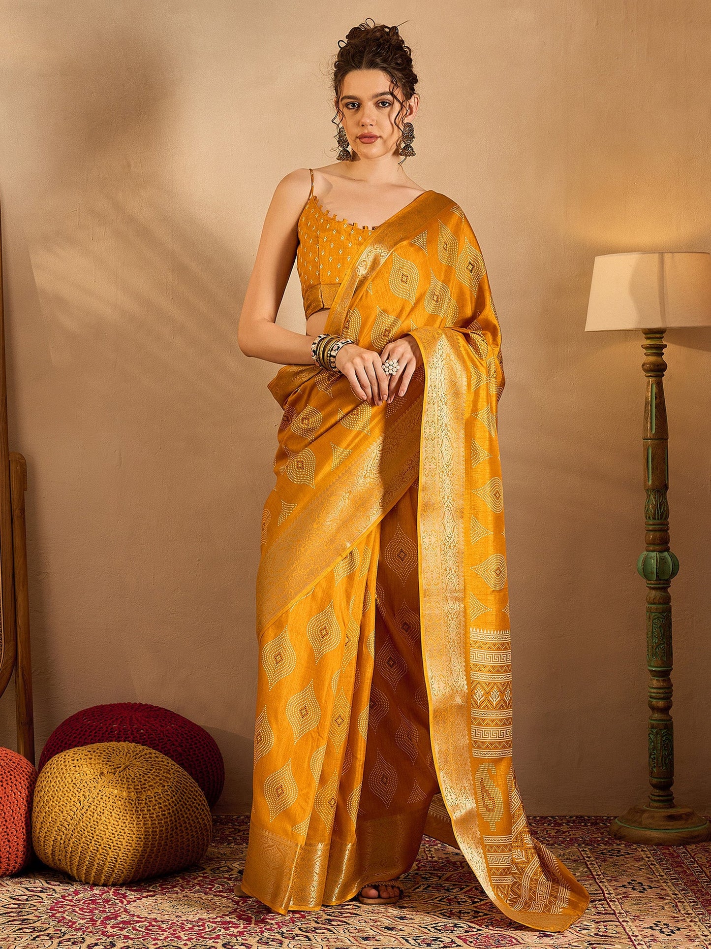 Women's Silk Blend Yellow Printed Designer Saree With Blouse Piece