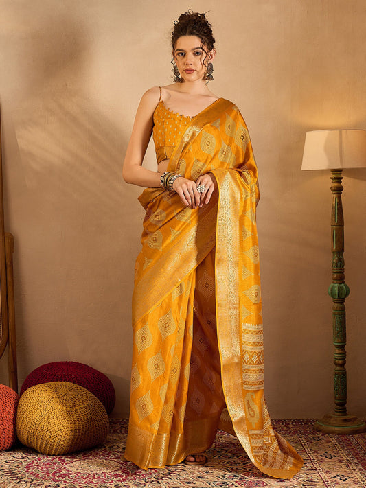 Women's Silk Blend Yellow Printed Designer Saree With Blouse Piece