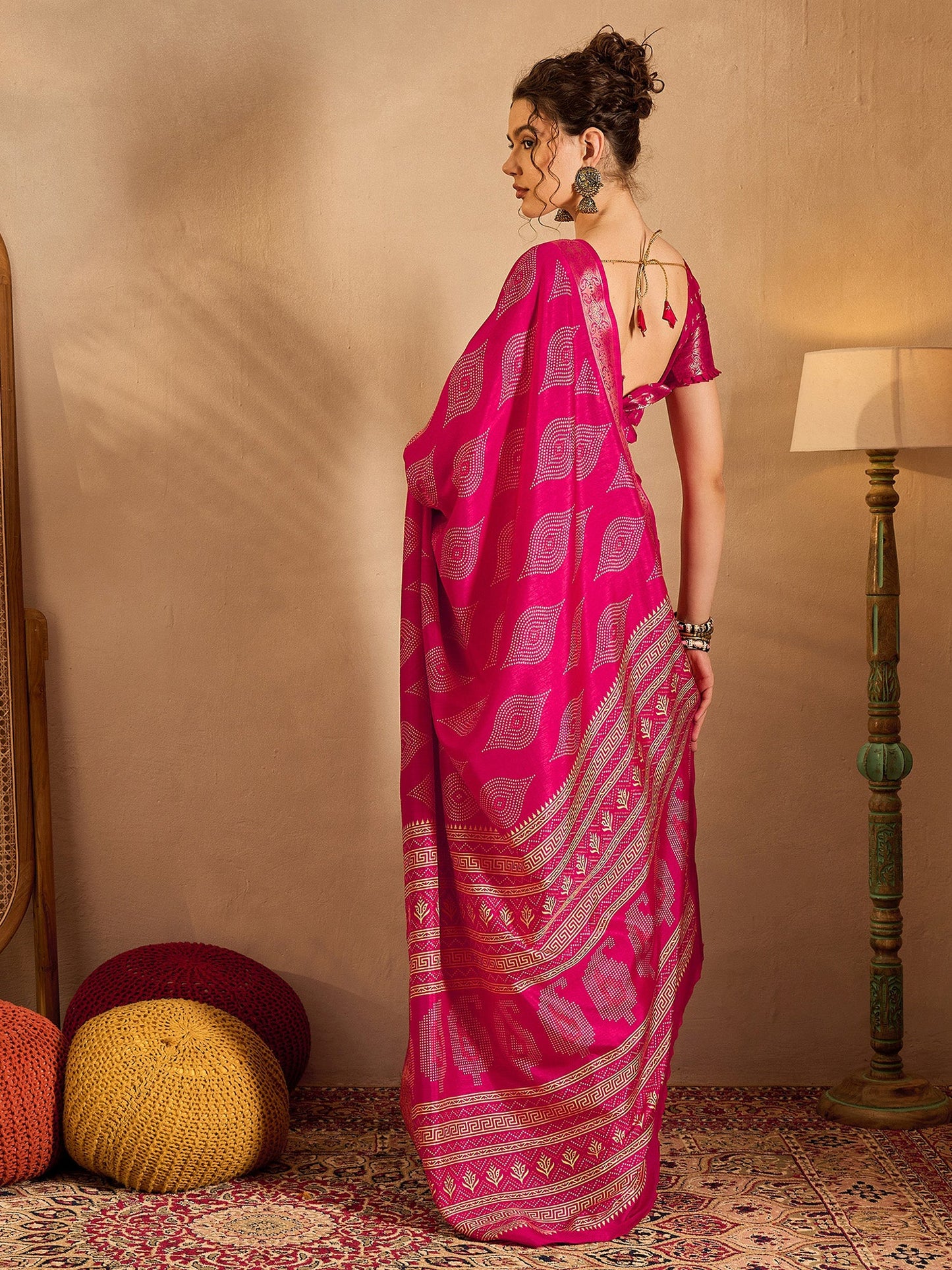 Women's Silk Blend Pink Printed Designer Saree With Blouse Piece