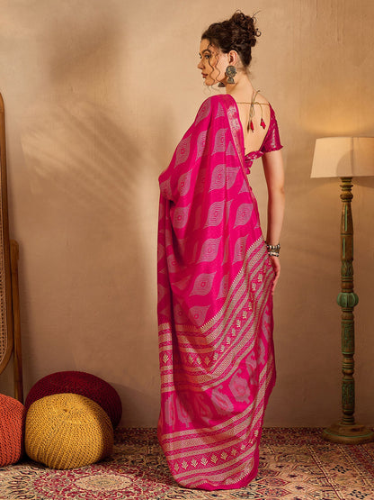 Women's Silk Blend Pink Printed Designer Saree With Blouse Piece