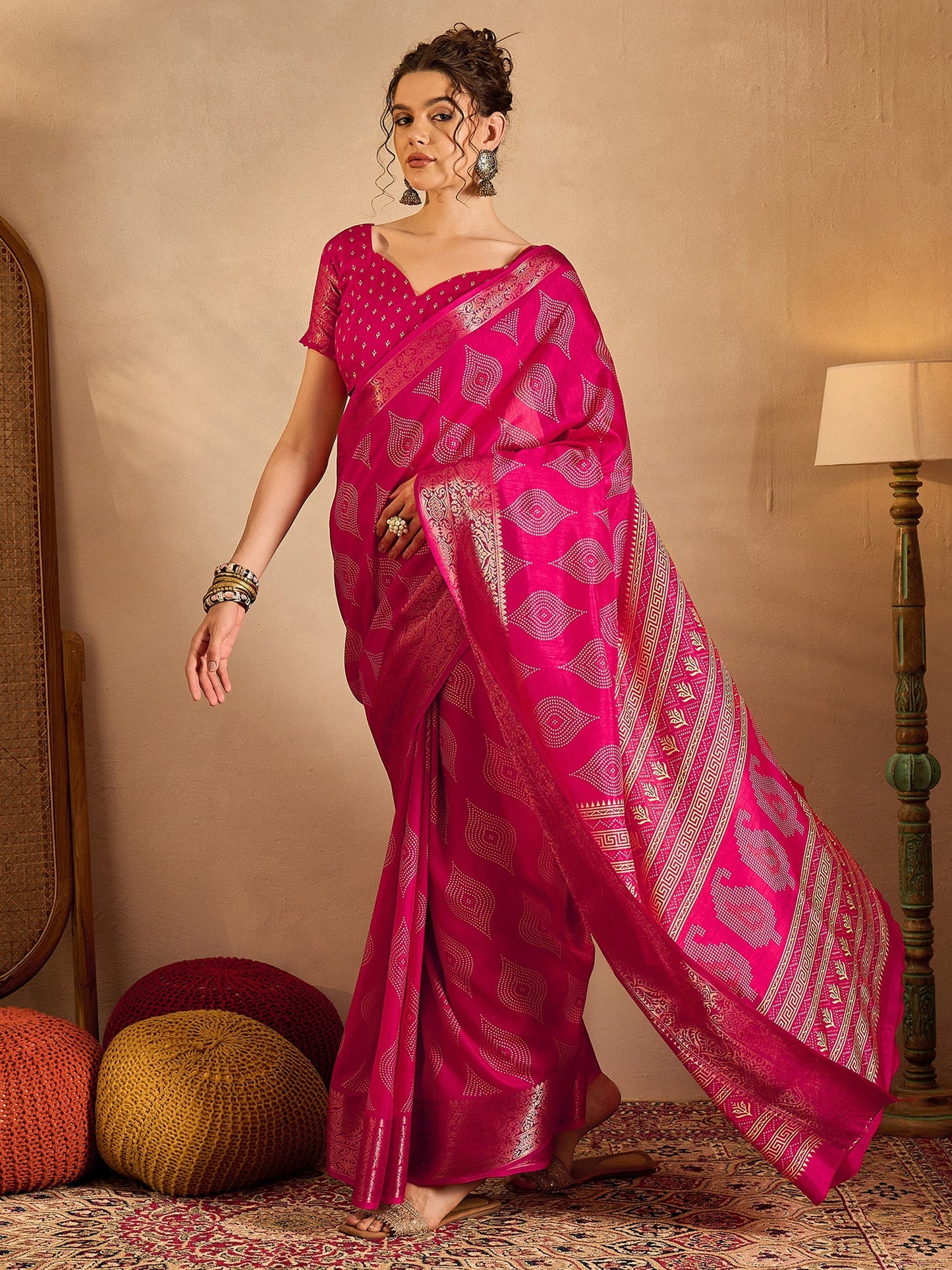 Women's Silk Blend Pink Printed Designer Saree With Blouse Piece