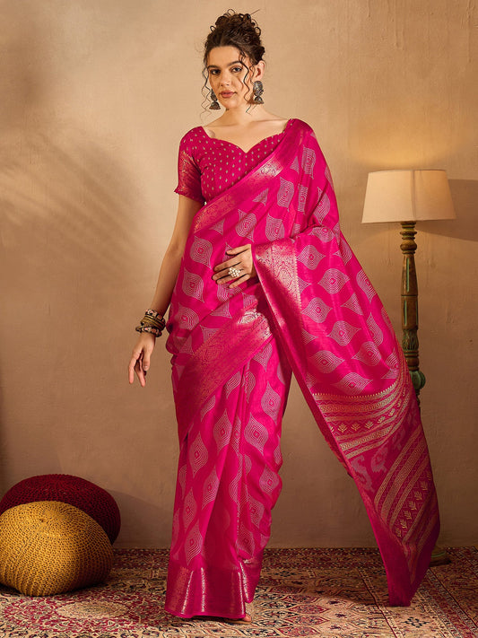 Women's Silk Blend Pink Printed Designer Saree With Blouse Piece