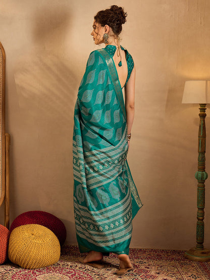 Women's Silk Blend Blue Printed Designer Saree With Blouse Piece