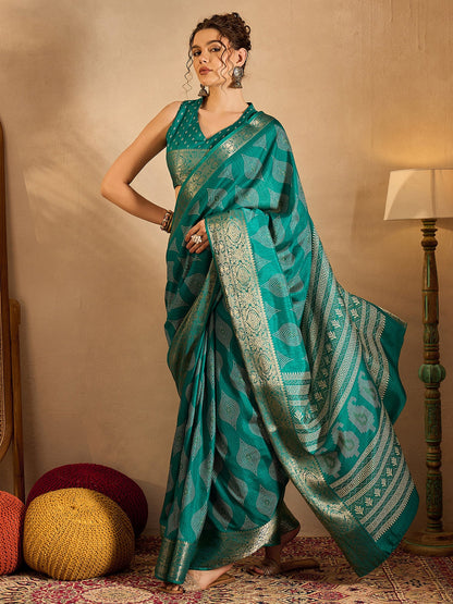 Women's Silk Blend Blue Printed Designer Saree With Blouse Piece