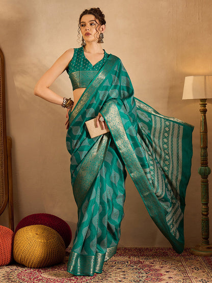 Women's Silk Blend Blue Printed Designer Saree With Blouse Piece