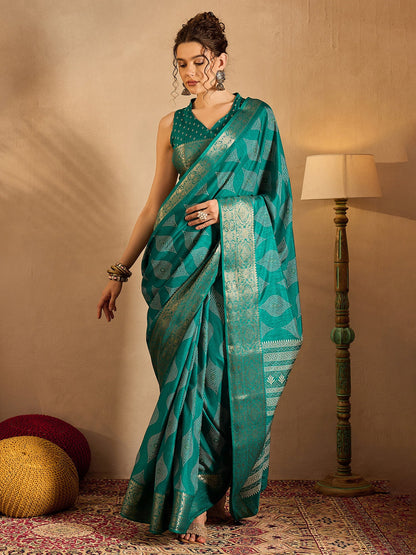 Women's Silk Blend Blue Printed Designer Saree With Blouse Piece