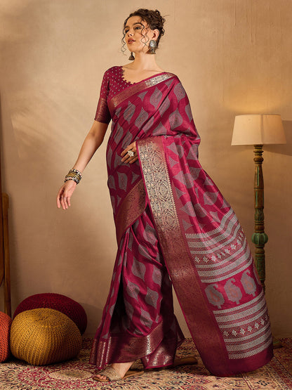 Women's Silk Blend Magenta Printed Designer Saree With Blouse Piece