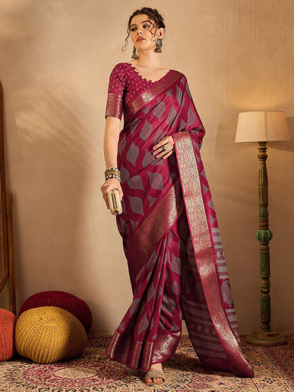 Women's Silk Blend Magenta Printed Designer Saree With Blouse Piece