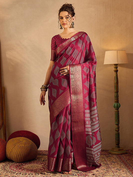 Women's Silk Blend Magenta Printed Designer Saree With Blouse Piece
