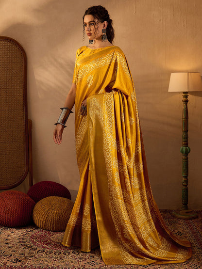 Women's Silk Blend Mustard Printed Designer Saree With Blouse Piece