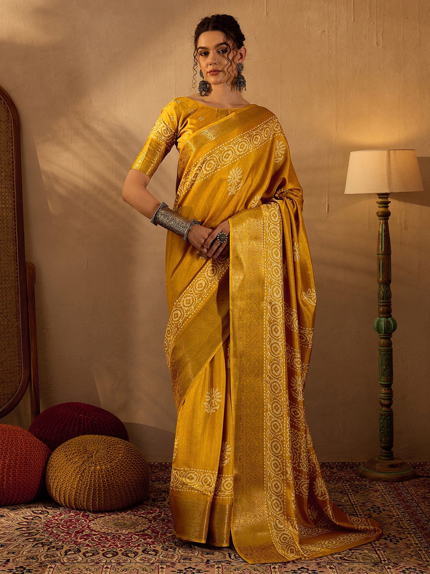 Women's Silk Blend Mustard Printed Designer Saree With Blouse Piece