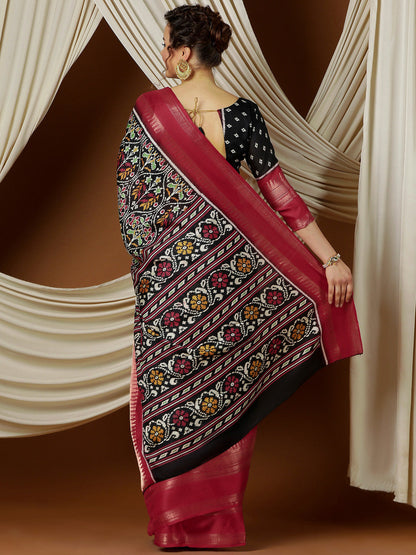 Women's Silk Blend Black Printed Designer Saree With Blouse Piece