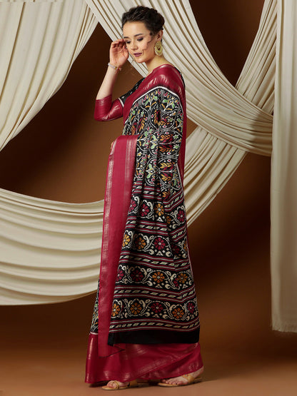 Women's Silk Blend Black Printed Designer Saree With Blouse Piece