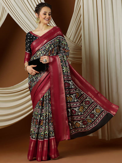 Women's Silk Blend Black Printed Designer Saree With Blouse Piece
