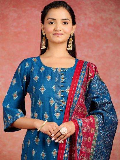 Women Printed Regular Kurta with Trousers & With Dupatta