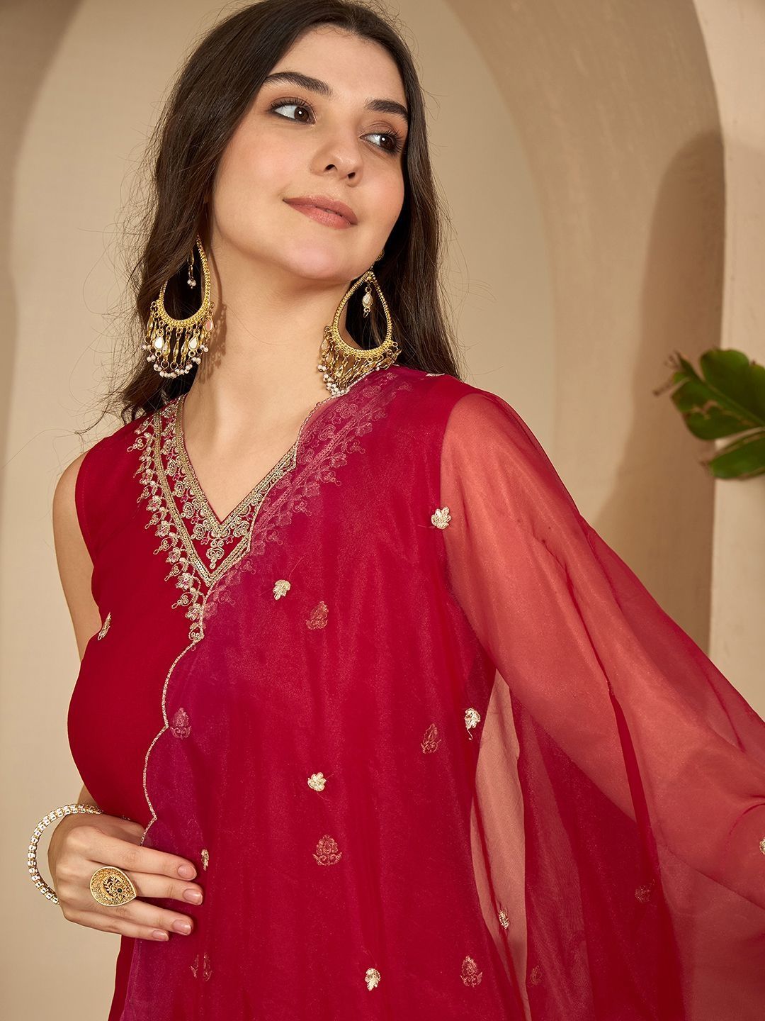 Dhiyona SN Floral Embroidered Thread Work Straight Kurta With Sharara & Dupatta