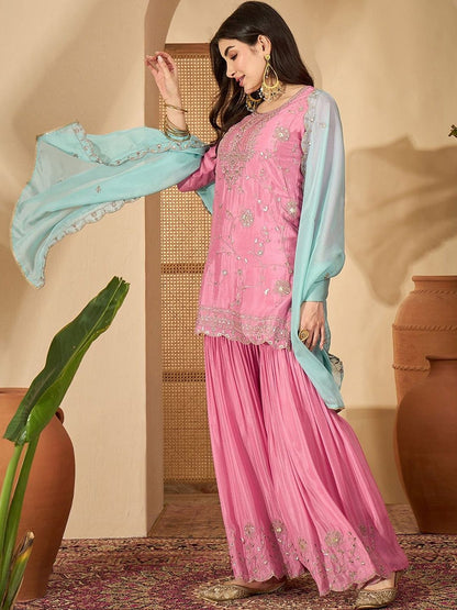 Dhiyona SN Women Ethnic Motifs Embroidered Regular Sequinned Kurta with Sharara & With Dupatta