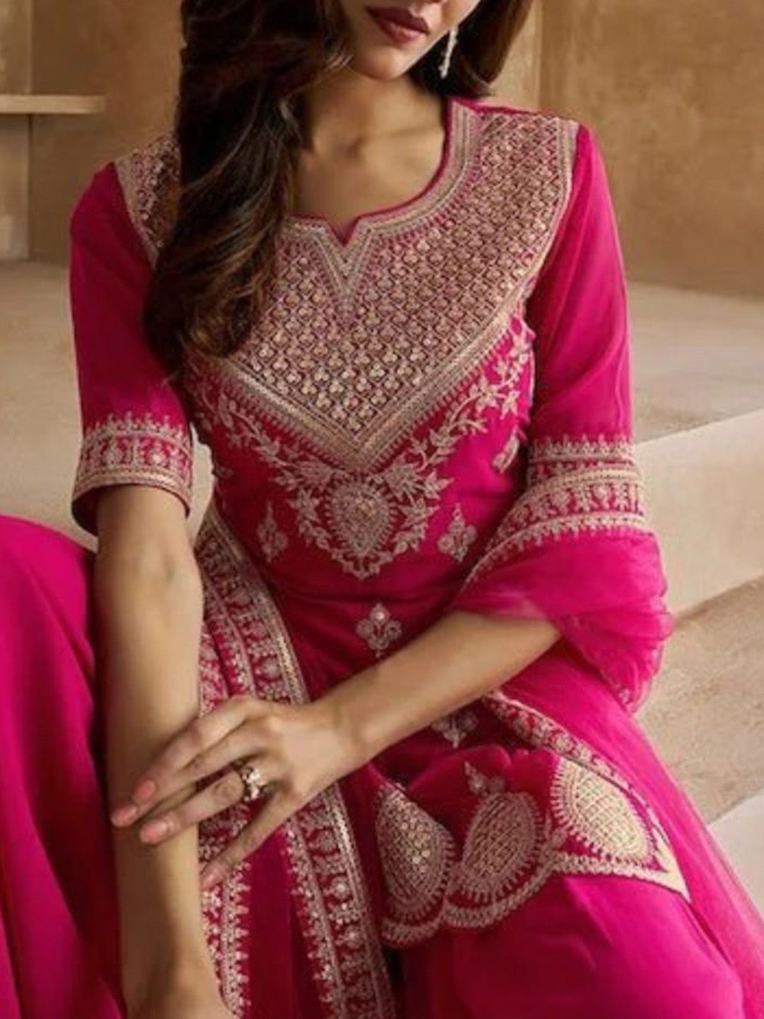 Dhiyona KL Women Ethnic Motifs Embroidered Regular Thread Work Kurti with Palazzos & Dupatta