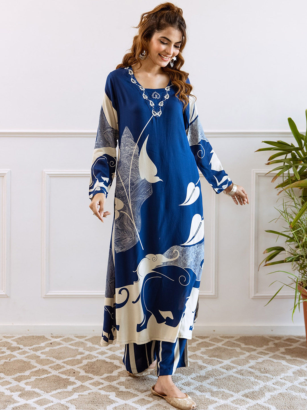 Floral Printed V-Neck Beads and Stones Straight Kurta With Palazzos