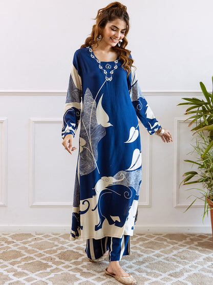 Floral Printed V-Neck Beads and Stones Straight Kurta With Palazzos