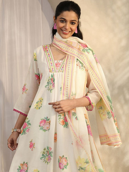 Women Floral Printed Empire Thread Work Kurta with Trousers & With Dupatta