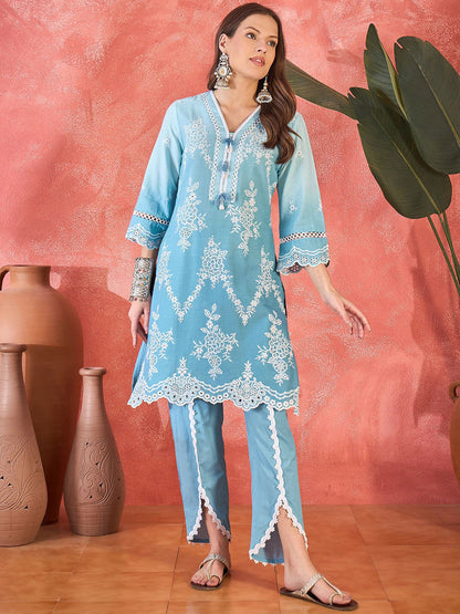 Floral Embroidered Chikankari V-Neck Pure Cotton Straight Kurta With Trousers