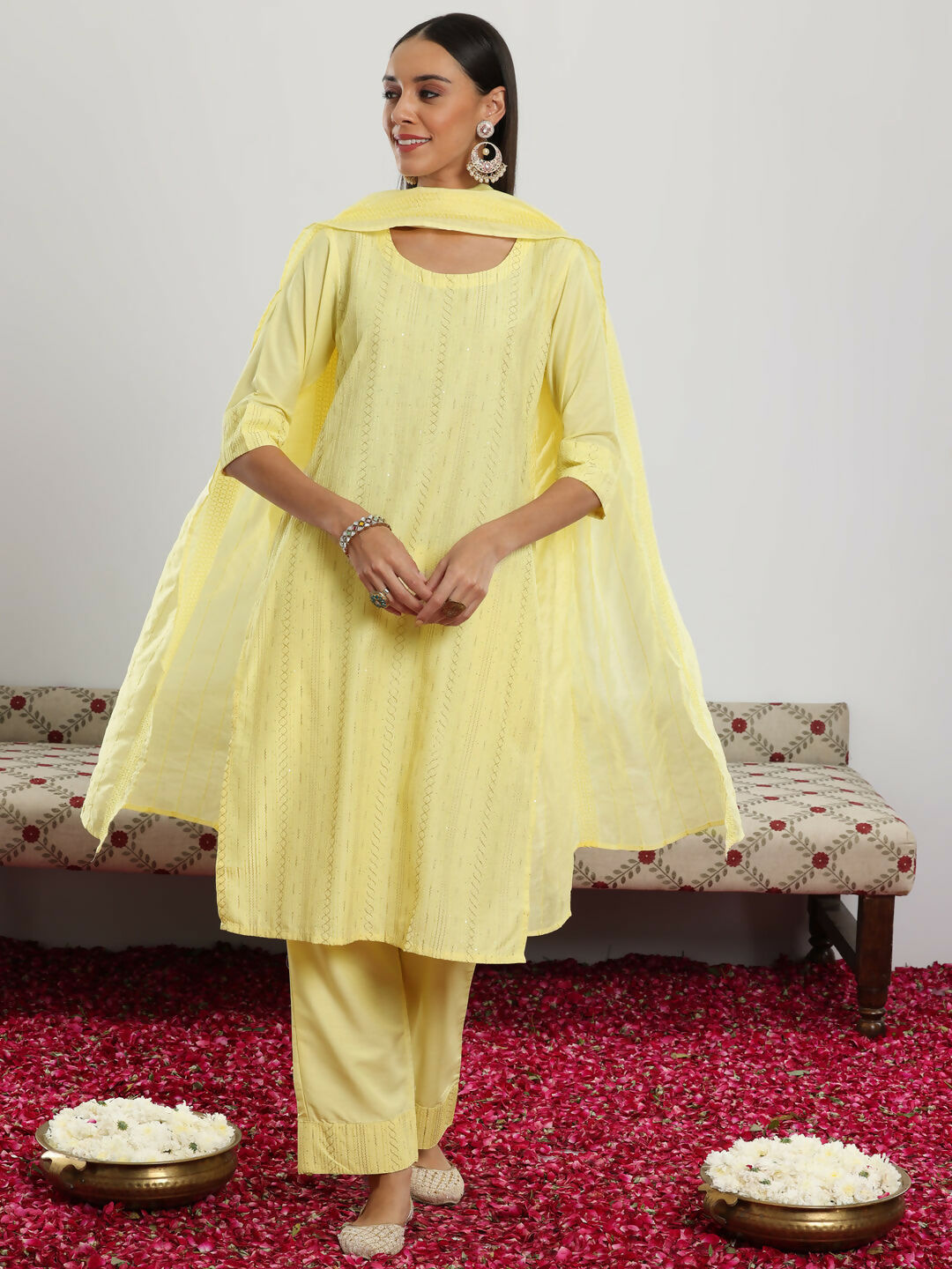 Women's LB Yellow Self Design Silk Blend Straight Suit With Dupatta