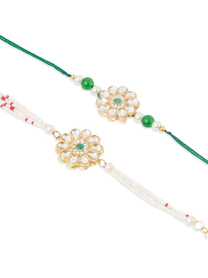 Dhiyona Set Of 2 Kundan Floral Design Gold Toned Bhaiya Bhabhi Rakhi Set With Roli Chawal