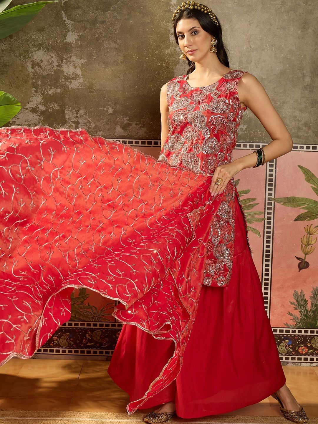 Dhiyona SN Embroidered Round Neck Straight Kurti & Sharara With Dupatta