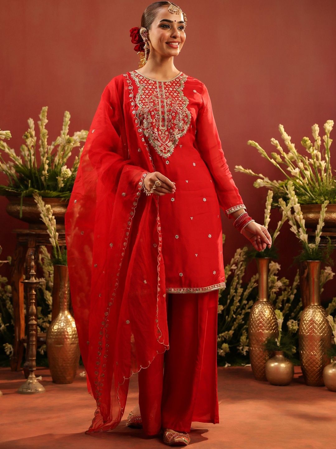 Dhiyona SC Red Women Ethnic Motifs Embroidered Thread Work Kurti with Sharara & Dupatta