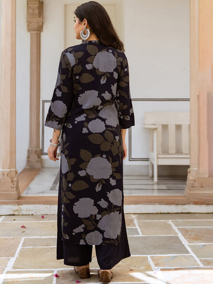 Floral Printed Notch Neck Sequinned Straight Kurta & Palazzos