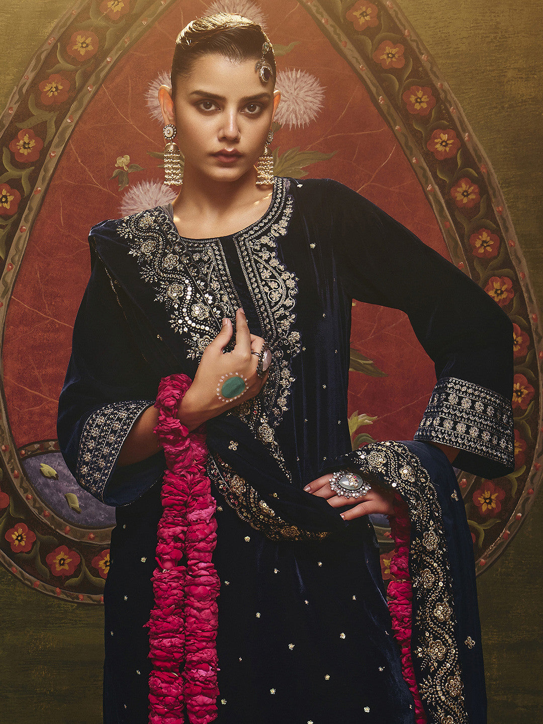 Women Ethnic Motifs Embroidered Sequinned Velvet Kurta with Trousers &Dupatta