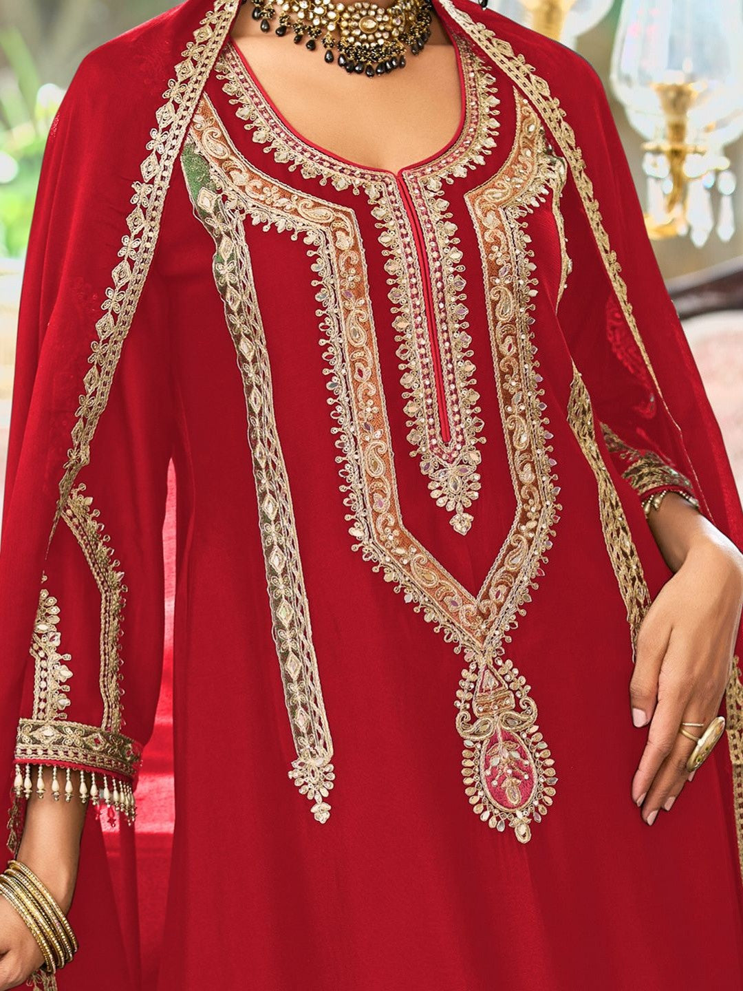 Women Embroidered Mirror Work Kurta with Palazzos & Dupatta
