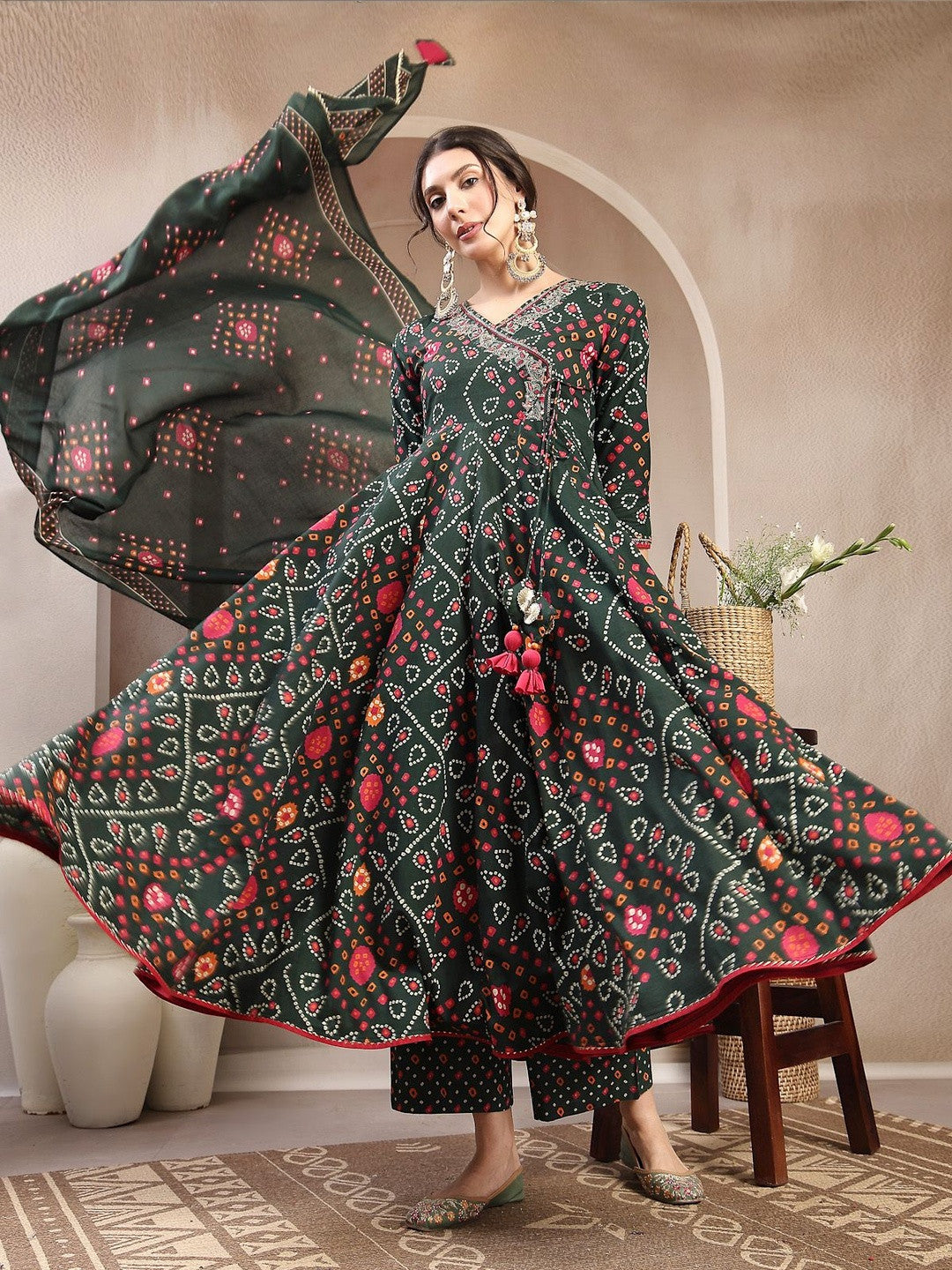 Dhiyona SN Printed Cotton V-Neck Kurta & Palazzos With Dupatta