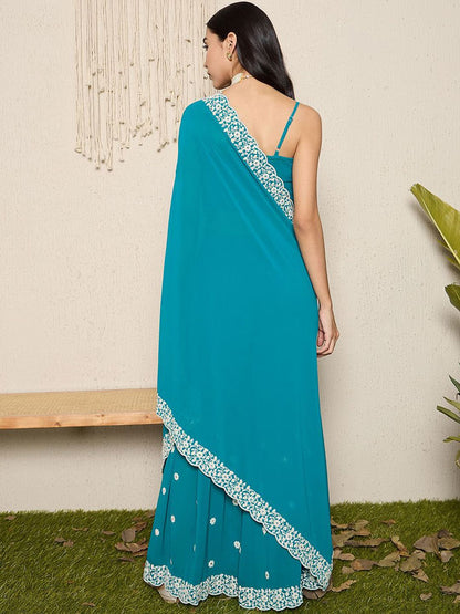 Dhiyona AN Sea Green & White Floral Embroidered Shoulder Straps Top with Sharara & Dupatta