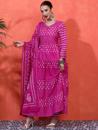 Dhiyona SN Women's Floral Printed Pure Cotton A-Line Kurta & Trousers Sets