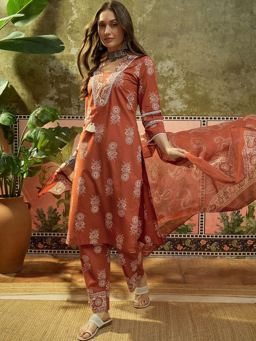 Embroidered Pure Cotton Round Neck Kurta & Palazzos With Dupatta