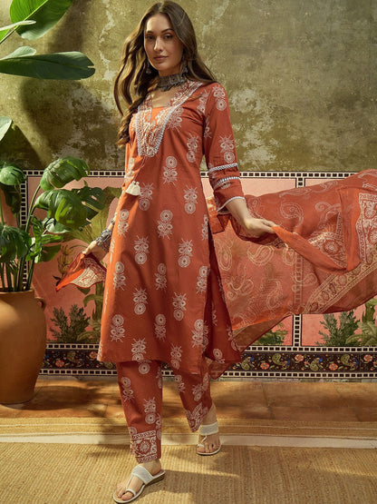 Embroidered Pure Cotton Round Neck Kurta & Palazzos With Dupatta