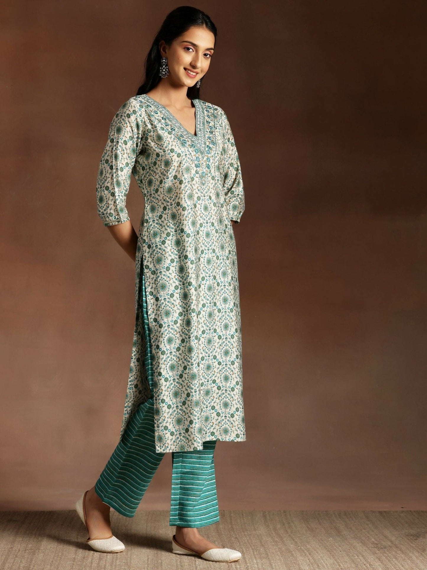 Women's LB Blue Printed Silk Blend Straight Suit With Dupatta