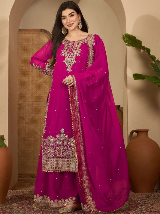 Dhiyona SN Embroidered Round Neck Straight Kurta & Palazzos With Dupatta