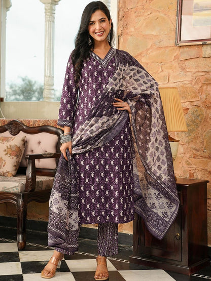 Dhiyona KL Ethnic Motifs Printed Straight Kurta With Trouser & Dupatta