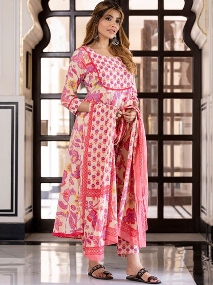 Dhiyona KL Kalini Women Purple And Cream Pure Cotton Anarkali Kurta Set with Dupatta