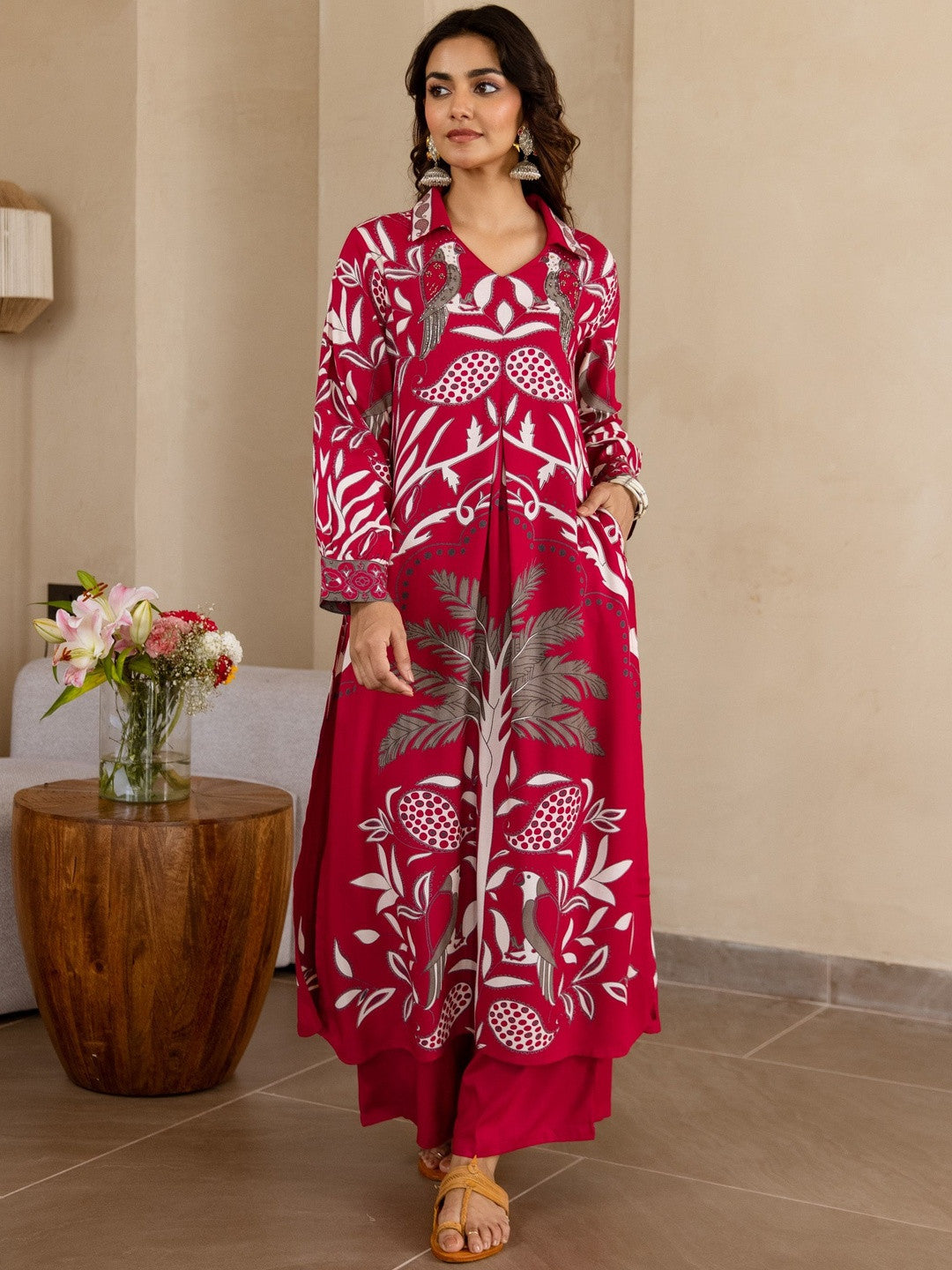 Dhiyona SN Women Rani Pink Printed German Rayon Kurta & Palazzo Set