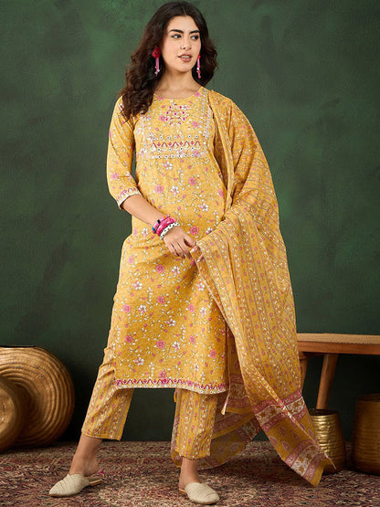 Printed & Thread Work Pure Cotton Kurta With Trousers & Dupatta Set