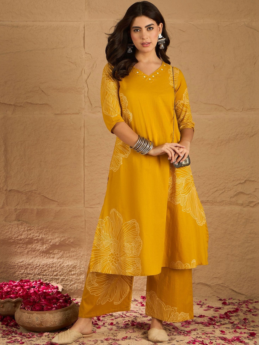 Floral Printed with Embroidered V-Neck Kurta & Trousers