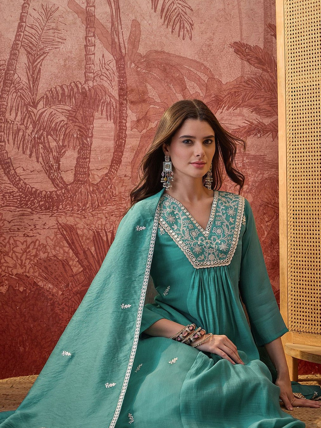 Embroidered V-Neck A-Line Kurta & Trousers With Dupatta