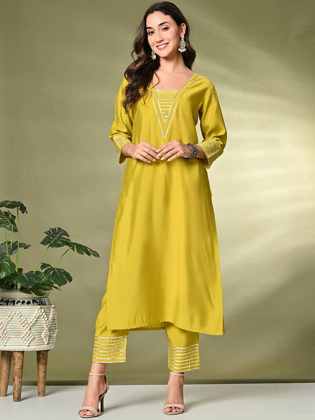 Lime Green Gotta Patti A-Line Kurta With Palazzo