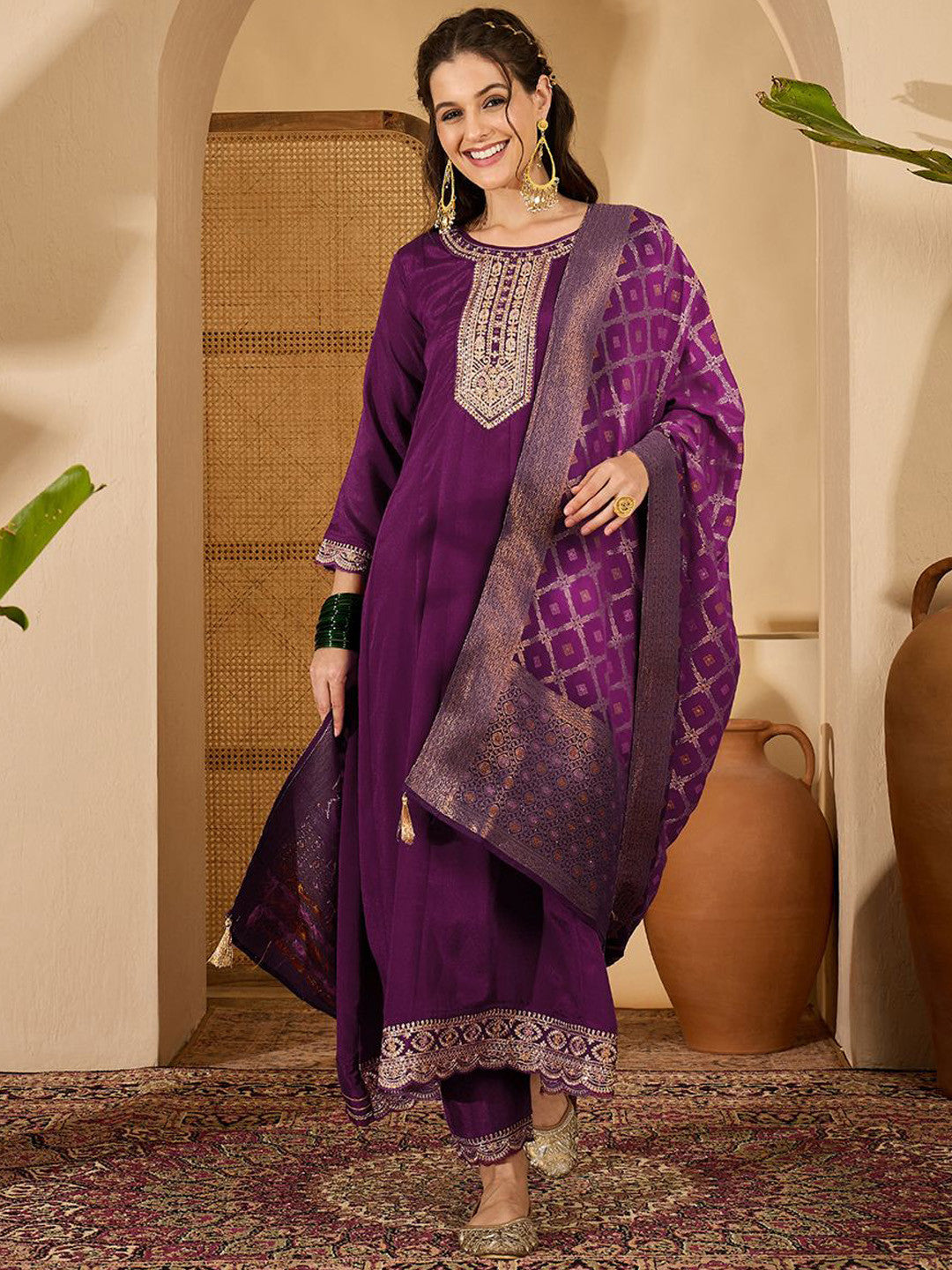 Dhiyona SN Women Floral Embroidered A-Line Kurta with Trousers & Dupatta